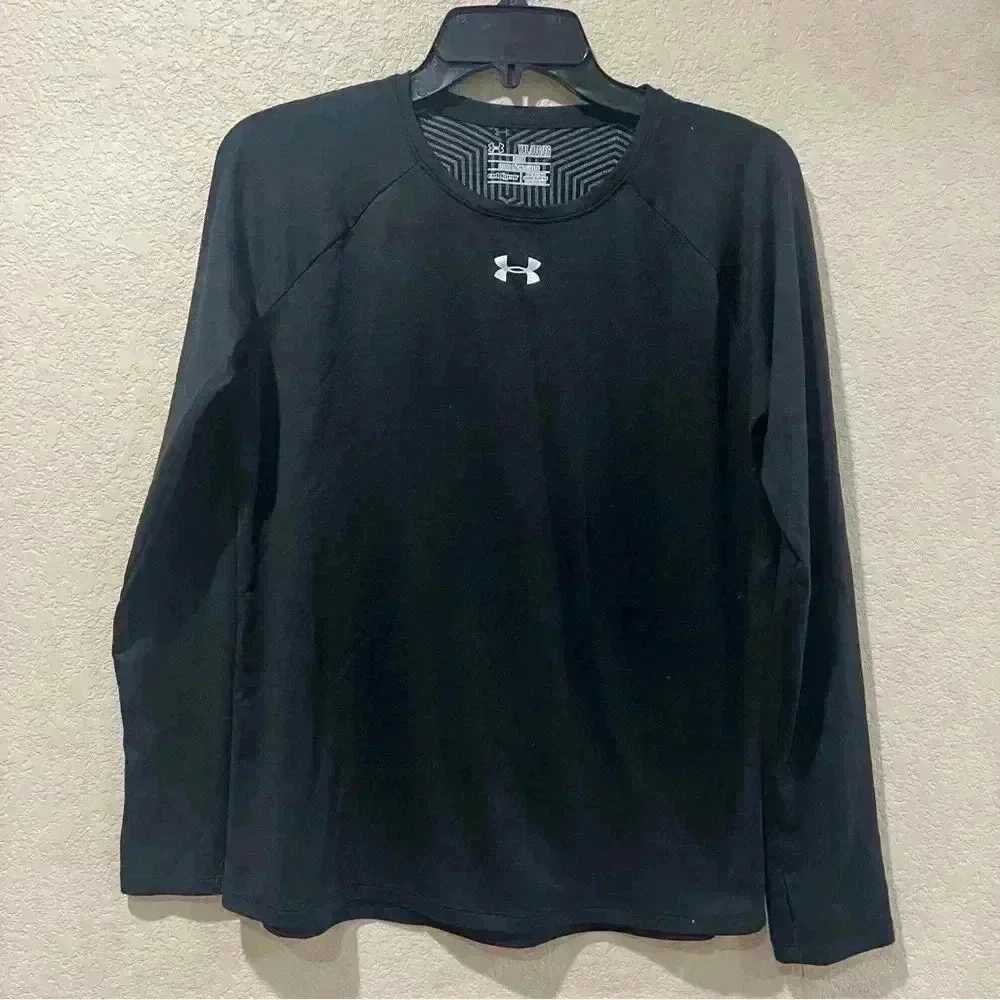 Under Armour Cold Gear Unisex Black Thumb Hole Long Sleeve Shirt Loose Size YXL